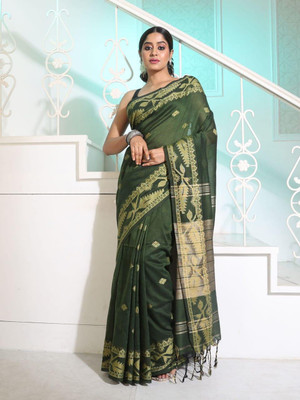 SOUMEN CREATION Self Design Handloom Handloom Cotton Blend Saree(Green)