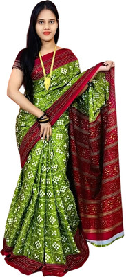 ARTFULTHREADS Printed, Graphic Print Sambalpuri Pure Cotton Saree(Green)