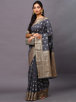 Tasrika Woven Banarasi Silk Blend Saree(Grey)