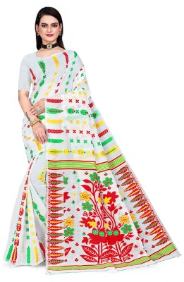 sarisa Self Design, Woven, Embellished Jamdani Jacquard, Cotton Blend Saree(White)