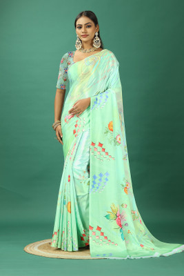 Virendra Textiles Floral Print Bollywood Satin Saree(Green)