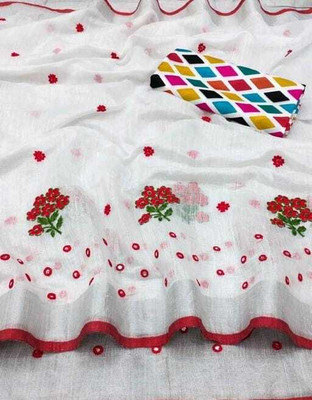 Sayal Creation Self Design Daily Wear Cotton Linen Saree(Red, White)