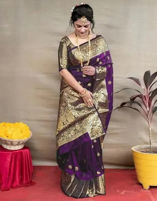 vallam fashion Printed Banarasi Jacquard Saree(Brown)