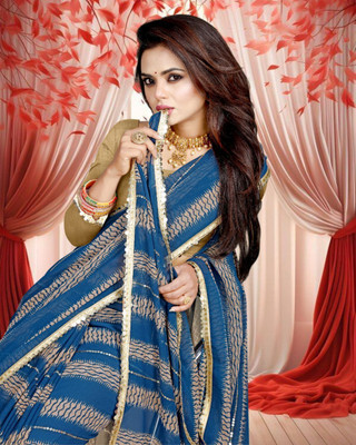 JAYAMENTERPRISE Digital Print, Embroidered, Printed, Striped Bollywood Georgette Saree(Blue)