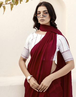 Samah Solid/Plain, Striped Daily Wear Georgette Saree(Maroon)