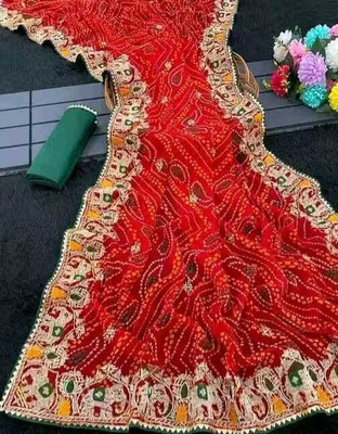 VedikaaFashion Tie-Dye, Embroidered, Paisley, Geometric Print, Woven Bandhani Georgette Saree(Red)