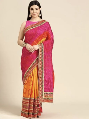 vallavi fashion Embroidered Bollywood Silk Blend Saree(Yellow, Red)