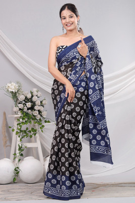 Om Traders Printed Saree with Attached Blouse Cotton Silk Saree(Blue, Black)