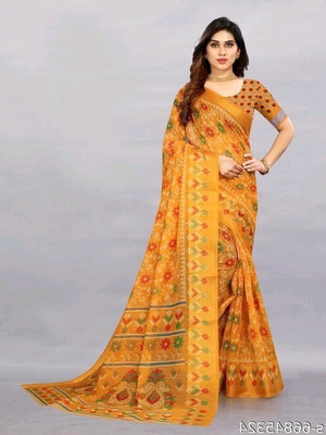 HouseOfCommon Digital Print Bandhani Cotton Blend Saree(Yellow)