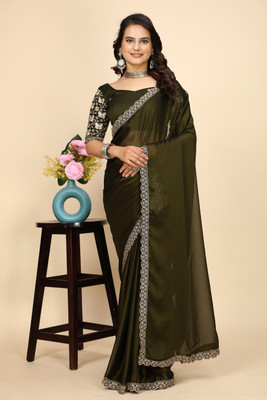 Zenophily Solid/Plain Maheshwari Chiffon Saree(Green)