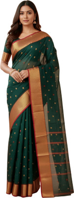 ROOTS Woven, Self Design Tant Cotton Blend Saree(Dark Green)