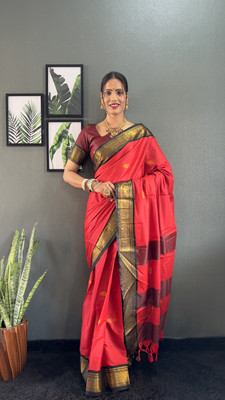 Bharatmart Woven Kanjivaram Cotton Silk Saree(Red)