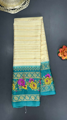 RegalDrapes Printed, Striped Mysore Crepe Saree(Light Blue, Beige)