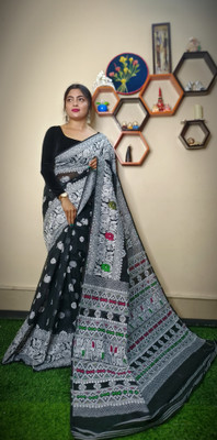 Pasum's Self Design, Hand Painted Jamdani Cotton Silk, Pure Cotton Saree(Black)