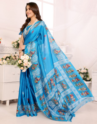 YASHIKA Printed Hand Batik Art Silk Saree(Blue)