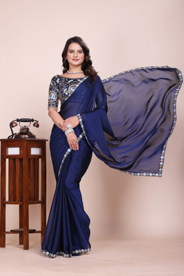 V AMAN FASHION Solid/Plain Bollywood Art Silk Saree(Dark Blue)