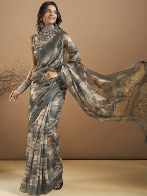 Anouk Rustic Printed Hand Batik Organza Saree(Black)