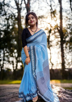 GOLU Woven Handloom Cotton Blend Saree(Light Blue)