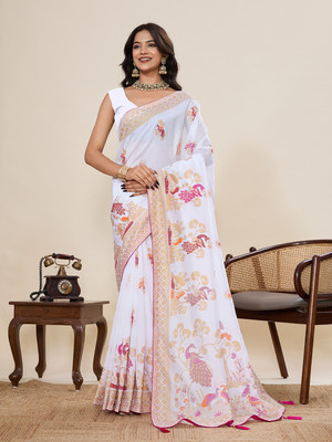 VISVASTA Woven, Self Design, Striped, Dyed, Printed, Embellished Handloom Jacquard, Cotton Silk Saree(White)