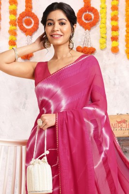 MIRCHI FASHION Printed, Dyed, Blocked Printed Bollywood Chiffon Saree(Pink, White)
