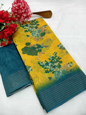 HouseOfCommon Printed Kanjivaram Chanderi, Cotton Silk Saree(Yellow, Green)