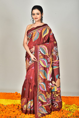 Ramshyam Collection Woven Kantha Pure Silk Saree(Maroon)