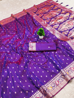 Tasrika Woven Banarasi Cotton Silk Saree(Purple)