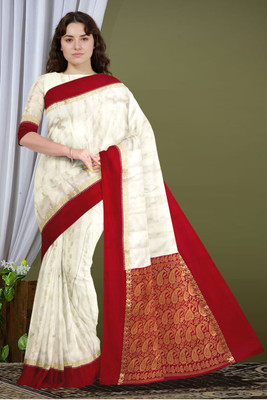 Arzoo kala textiles Printed Banarasi Pure Cotton Saree(White, Red)