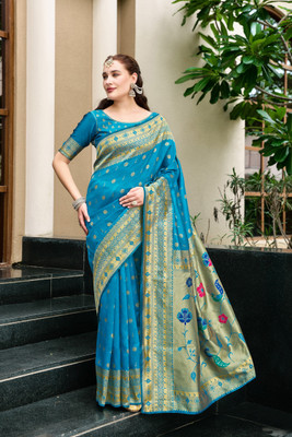 Elora Floral Print Paithani Silk Blend Saree(Blue)
