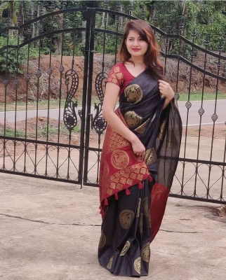 SHWENILA Solid/Plain Assam Silk Pure Silk Saree(Black)