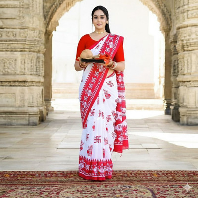 kewra Printed Daily Wear Cotton Blend Saree(Red, White)