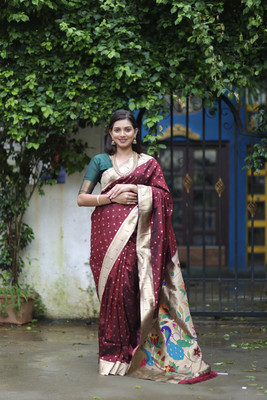 sarjan creation Woven Paithani Pure Cotton Saree(Maroon)