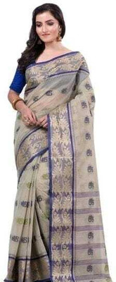 Sthaker Self Design Tant Pure Cotton Saree(Blue, Grey)