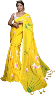 SOHAM SAREE GHAR Hand Painted, Printed Handloom Cotton Blend Saree(Yellow)