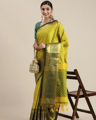 A To Z Cart Woven Kanjivaram Cotton Silk Saree(Yellow)