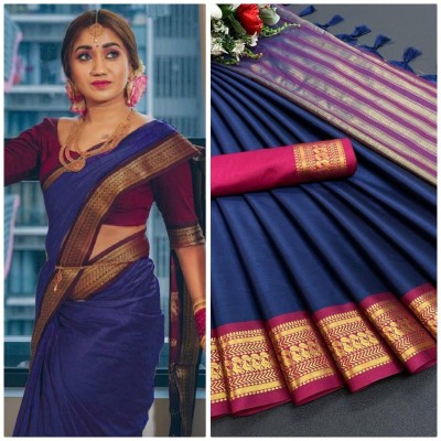 Cloverlucks Woven Madurai Jute Silk, Cotton Silk Saree(Blue)