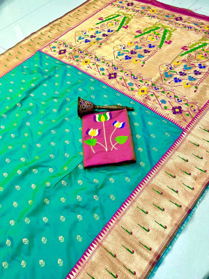 HouseOfCommon Woven Paithani Cotton Silk Saree(Green)
