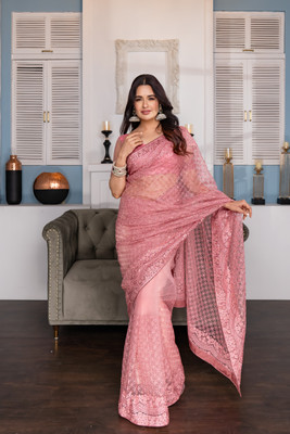 Divastri Embroidered, Embellished Bollywood Net Saree(Pink)