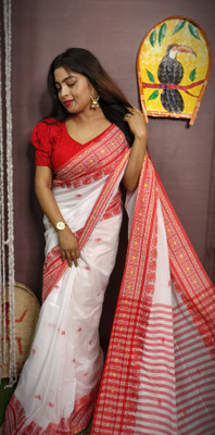Asha Boutique Woven Handloom Cotton Blend Saree(Pack of 2, White)