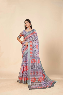 Ethnic Trendz Digital Print Saree with Attached Blouse Cotton Linen Saree(Multicolor)