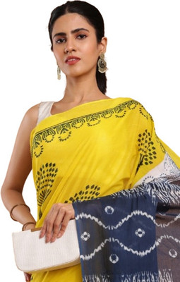 Shree Shyam Embroidered, Printed Banarasi Cotton Blend Saree(Yellow)