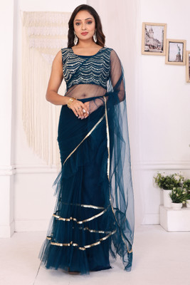 MYSTERY BOX Solid/Plain Pre Draped Saree Net Saree(Dark Blue)