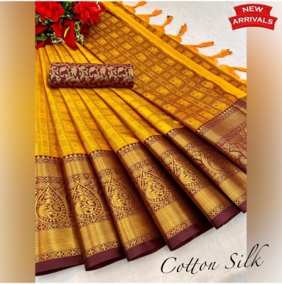 Divastri Woven Banarasi Cotton Silk, Art Silk Saree(Mustard, Maroon)