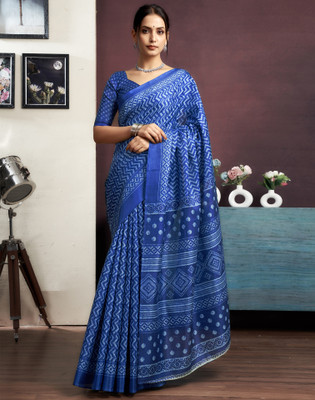 Samah Geometric Print, Printed Daily Wear Khadi Saree(Dark Blue)