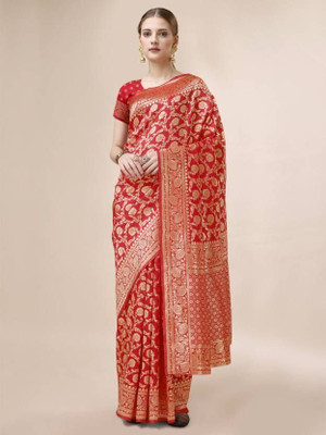 Pari Prints Woven Banarasi Cotton Silk Saree(Red)