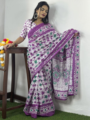 Anouk Rustic Printed Daily Wear Cotton Blend Saree(White)