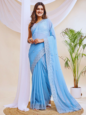 SIZU Embroidered, Solid/Plain Bollywood Georgette Saree(Light Blue)