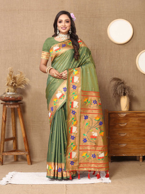 all about you Woven Paithani Silk Blend Saree(Green)