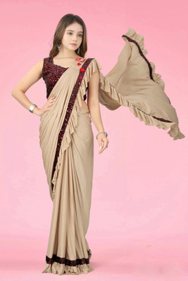VRAJTEX FAB Embellished, Solid/Plain Bollywood Lycra Blend Saree(Beige)