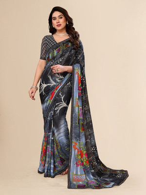 Moda Rapido Embellished, Printed, Self Design Bollywood Georgette Saree(Black)